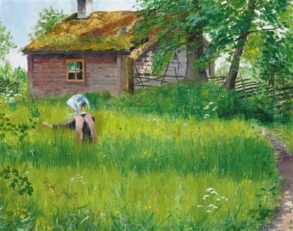 Girl In The Summer Green Oil Painting by Olof Sager-Nelson