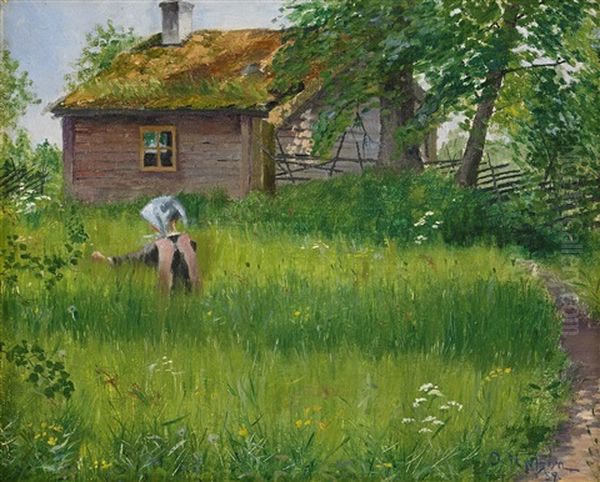 Flicka I Sommargronska Oil Painting by Olof Sager-Nelson