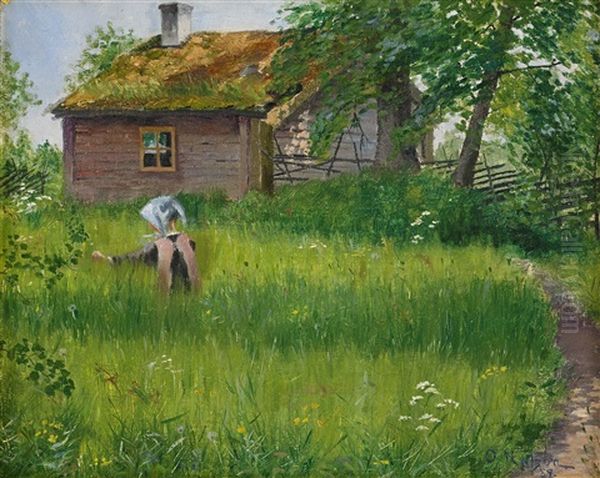 Flicka I Sommargronska Oil Painting by Olof Sager-Nelson