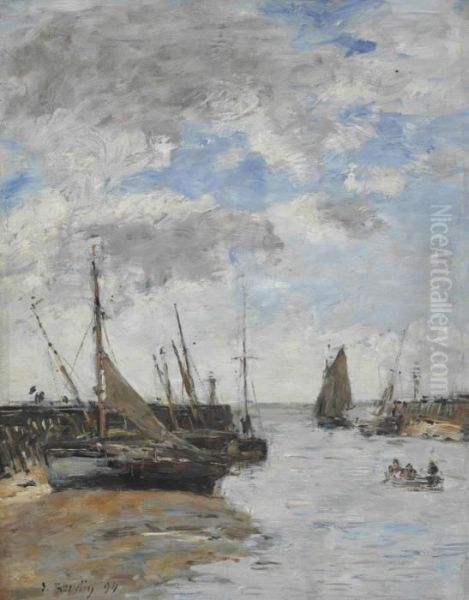 Trouville, Les Jetees A Maree Basse Oil Painting by Eugene Boudin