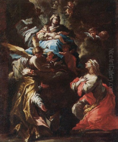 The Madonna And Child Being Adored By Two Kneeling Saints Oil Painting by Giovanni Camillo Sagrestani