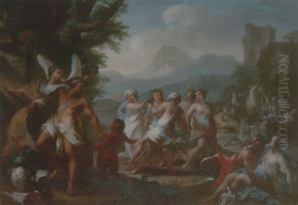 A Bacchanalian Scene With Figures Dancing And Making Merry In A Wooded Landscape Oil Painting by Giovanni Camillo Sagrestani