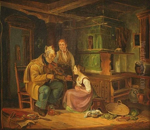 Besuch Des Geigenspielers, Kindern Ein Standchen Spielend Oil Painting by Gottfried Hermann Sagstatter