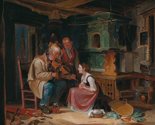 Besuch Des Wandermusikers Oil Painting by Gottfried Hermann Sagstatter