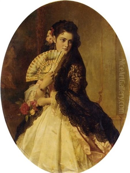 An Elegant Lady With A Fan Wearing A Black Shawl Oil Painting by Aug. Sahn