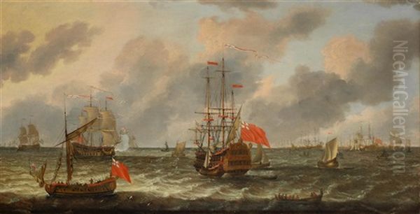 A Smack-rigged Royal Yacht, An English Two Decker And The English Fleet At Anchor, With A Man O' War Firing A Salute Oil Painting by Isaac Sailmaker