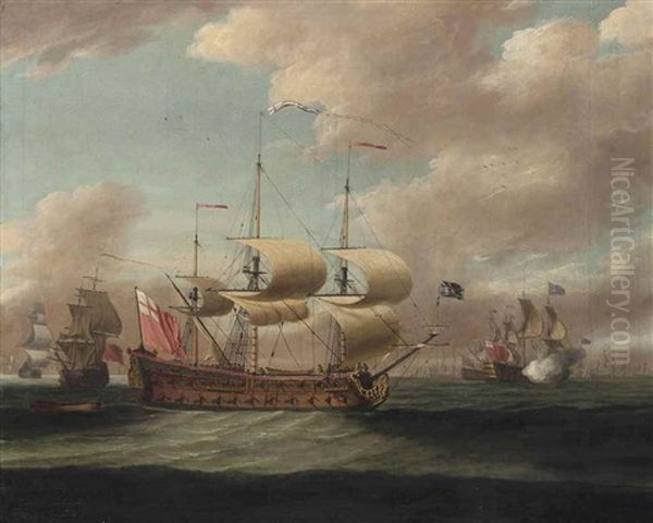 A Royal Navy 4th Rate Arriving At The Anchorage, With The Fleet Announcing Her Arrival Beyond Oil Painting by Isaac Sailmaker