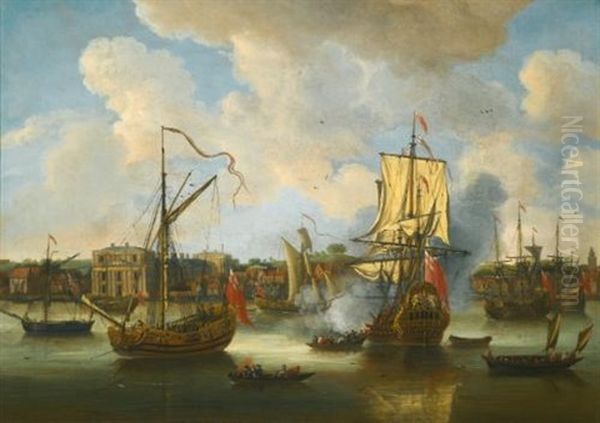 A Fifth-rate Man Of War Saluting An Admiralty Yacht Arriving In The Thames Off Greenwich Palace, With Merchant Shipping Beyond Oil Painting by Isaac Sailmaker