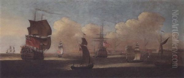 British Flagship Ond Other Men Of War Off Sheerness Oil Painting by Isaac Sailmaker