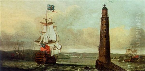 Shipping Off The Eddystone Lighthouse Oil Painting by Isaac Sailmaker