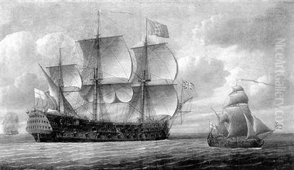 An English Three-decker First Rate And A Ketch Rigged Royal Yatch Under Sail Oil Painting by Isaac Sailmaker