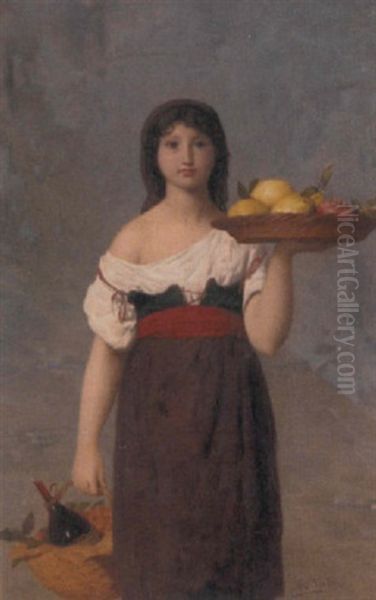 A Neapolitan Girl, Carrying Fruit And Wine Oil Painting by Edouard Alexandre Sain