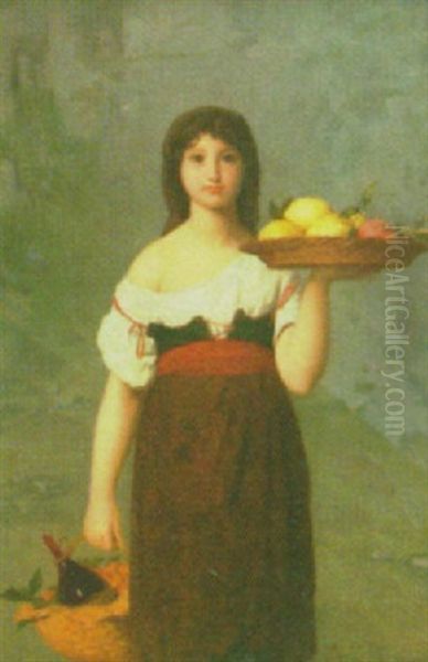 Portrait Of A Girl Carrying A Platter Of Fruit And A Basket With Wine Oil Painting by Edouard Alexandre Sain