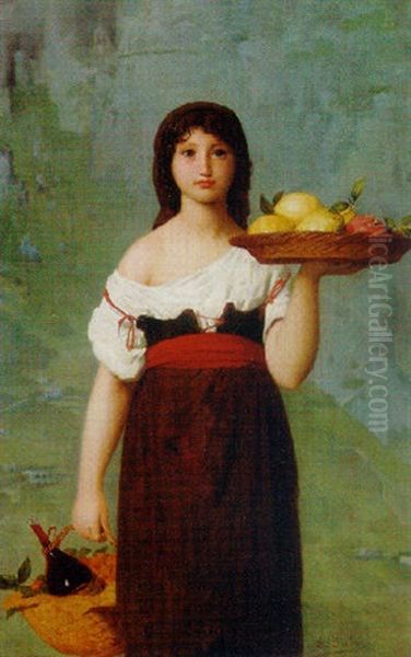 A Maiden Holding A Basket, With Fruit And A Bottle Of Wine Oil Painting by Edouard Alexandre Sain