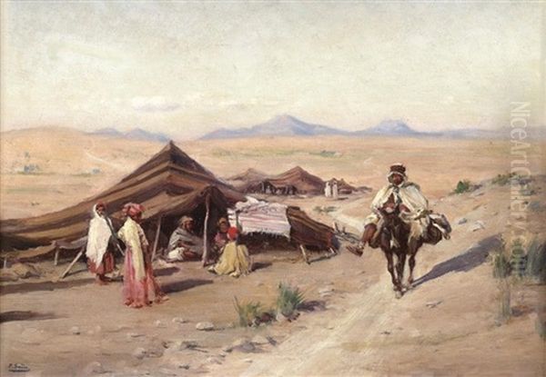 Campement Nomade, Province De Constantine (algerie), Janvier 1900 Oil Painting by Paul (Jean Marie) Sain