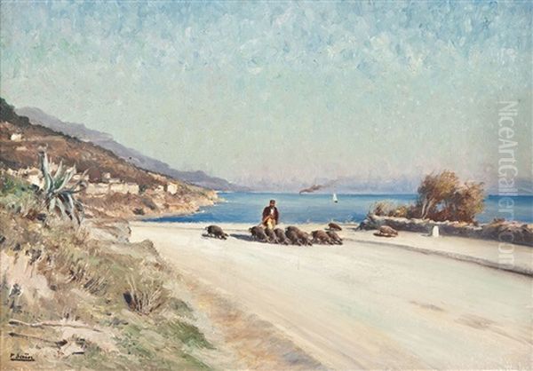 Hirte Mit Truffelschweinen In Mediterraner Landschaft Oil Painting by Paul (Jean Marie) Sain