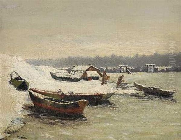 Boote Am Verschneiten Flussufer Oil Painting by Paul (Jean Marie) Sain