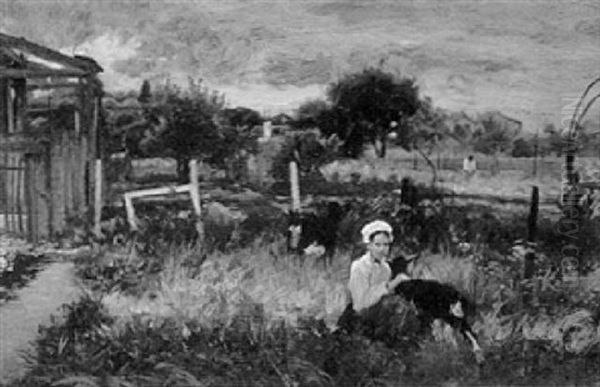 Goatherder In The Field Oil Painting by Paul (Jean Marie) Sain