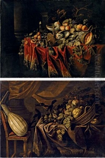 Cesto Di Uva, Pesche E Melogrami, Un Ulivo, Una Farfalla E Alzate D'argento (+ Another; 2 Works) Oil Painting by Simon Bernard de Saint Andre