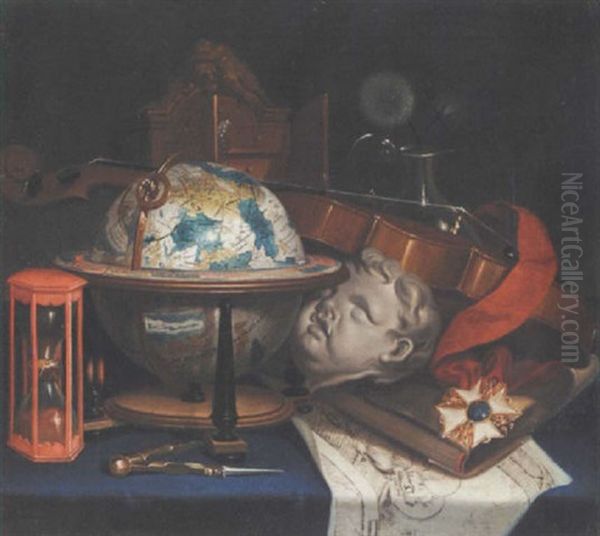 Still Life With A Globe, A Violin, Hourglass, And An Order Oil Painting by Simon Bernard de Saint Andre