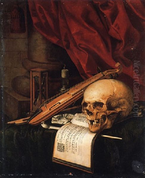 A Vanitas: A Skull, A Violin, A Music Score, A Pipe And Tobacco, An Hourglass And A Guttering Candle On A Draped Table Oil Painting by Simon Bernard de Saint Andre