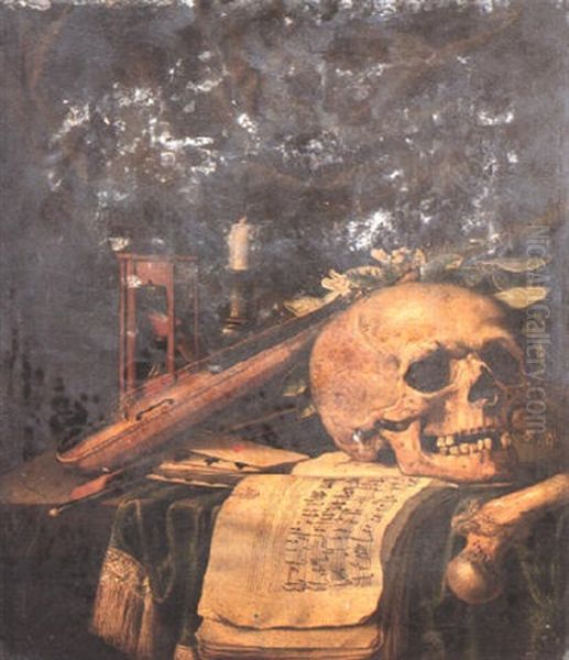 Vanitas Still Life With An Hour Glass, A Skull Crowned With A Laurel Wreath And Other Objects Oil Painting by Simon Bernard de Saint Andre