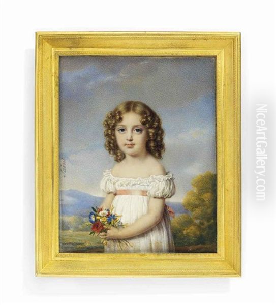 A Child, In White Off-the-shoulders Dress With Pink Sash, Holding A Bouquet Of Flowers, Fair Hair Dressed In Ringlets; Landscape Background Oil Painting by Daniel Saint