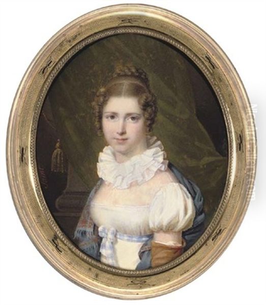 Victoire Hollard, In Short Sleeved White Silk Dress With Fichu And Ruffled Collar Oil Painting by Daniel Saint