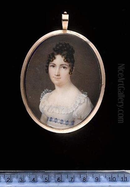 A Lady Wearing White Dress With Lace Trim, Blue And White Checked Ribbon Waistband Beneath Bust, Her Dark Hair Piled High And Worn In Ringlets Oil Painting by Daniel Saint