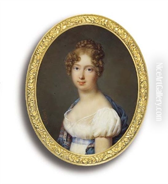 A Young Lady, In White Dress With Gauze Attached To Her Short Puff Sleeves, Oil Painting by Daniel Saint