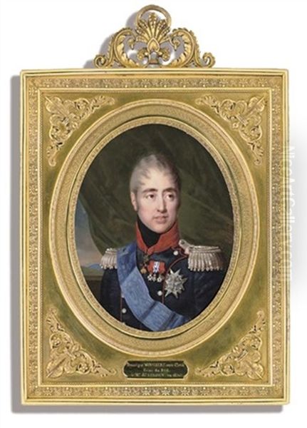 King Charles X Of France, In Red-piped Blue Uniform With Red Collar, Black Stock And Silver Epaulettes, Green Curtain And Mountain Landscape Beyond Oil Painting by Daniel Saint