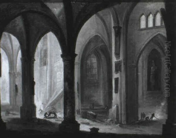 La Demolition D'une Eglise Gothique Oil Painting by Augustin de Saint-Aubin