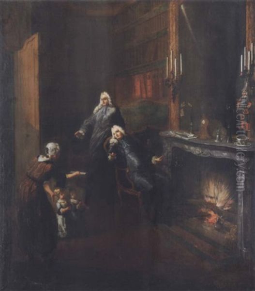 Interior Scene With A Woman And Two Children Being Received By Two Gentlemen Oil Painting by Gabriel Jacques de Saint-Aubin