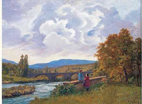 Fillettes Au Bord De Riviere, L'ancien Pont De Port Lesney. Oil Painting by Leon Boudot