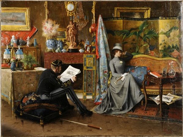 Elegante Et Soldat Dans Un Interieur Oil Painting by Jean Aime Saint-Cyr Girier