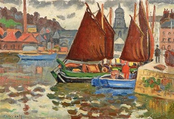 Boats In The Dock, Honfleur Oil Painting by Henri Lienard De Saint-Delis