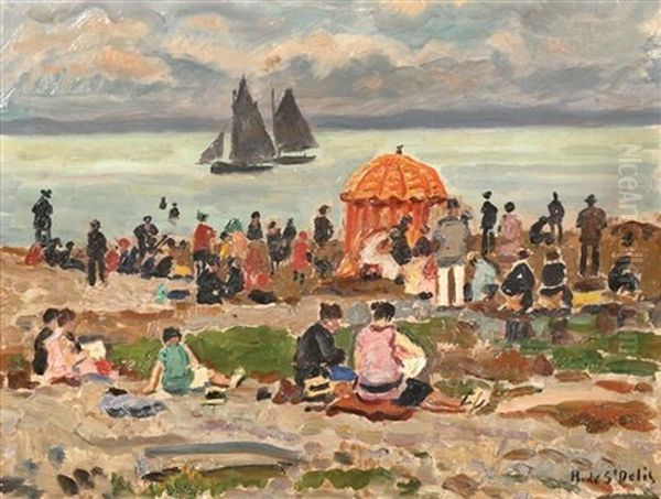 Plage Animee De Honfleur Oil Painting by Henri Lienard De Saint-Delis