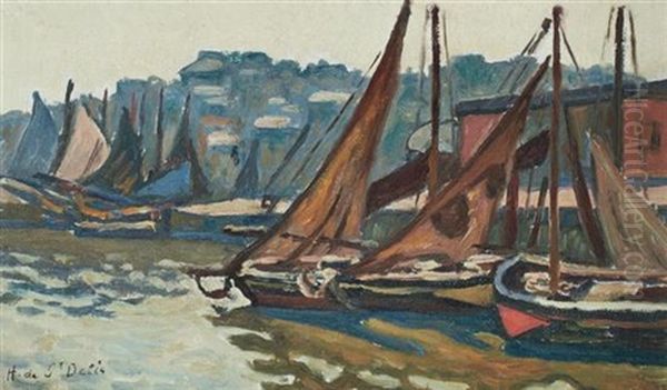 Boats In A Harbor Oil Painting by Henri Lienard De Saint-Delis