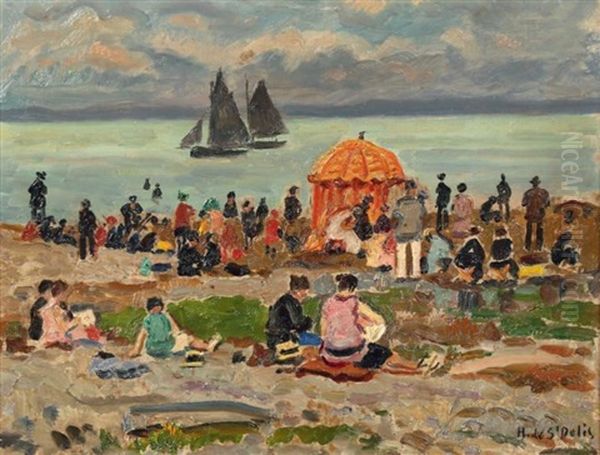 Plage Animee De Honfleur Oil Painting by Henri Lienard De Saint-Delis