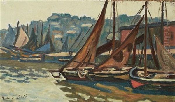 Boats In A Harbor Oil Painting by Henri Lienard De Saint-Delis