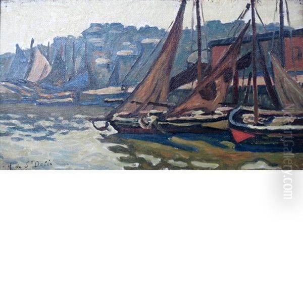 Boats In The Harbor Oil Painting by Henri Lienard De Saint-Delis