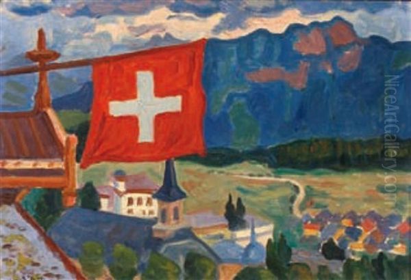 Le Drapeau Suisse Et L'eglise De Leysin Oil Painting by Henri Lienard De Saint-Delis