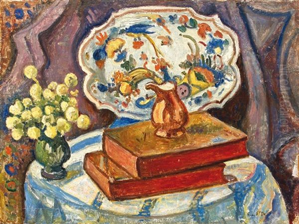 Nature Morte Aux Livres Oil Painting by Henri Lienard De Saint-Delis