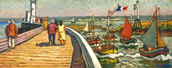 Promenade Sur La Jetee A Honfleur Oil Painting by Henri Lienard De Saint-Delis