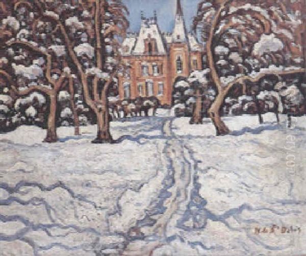 Maison Sous La Neige A La Cote De Grace A Honfleur Oil Painting by Henri Lienard De Saint-Delis