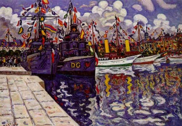 Bateaux Pavoises Dans Le Port Du Havre Oil Painting by Henri Lienard De Saint-Delis