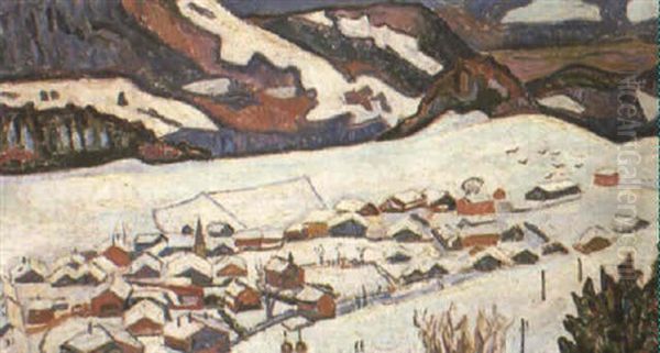 Village De Montagne Sous La Neige Oil Painting by Henri Lienard De Saint-Delis