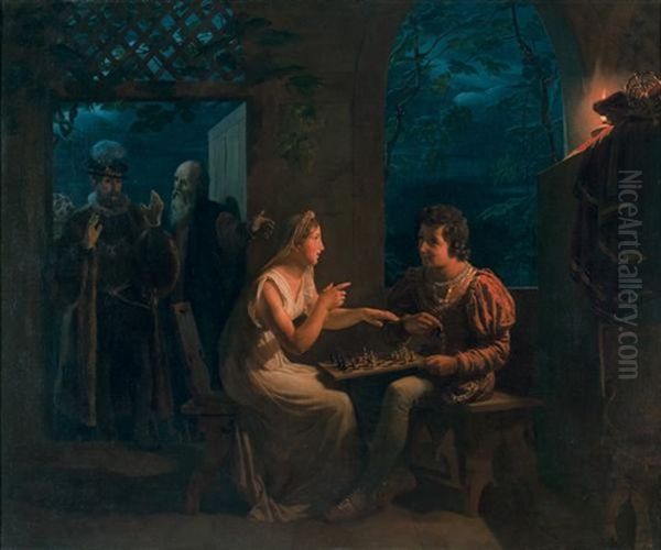 Miranda Fait Une Partie D'echecs Avec Ferdinand Qu'elle Accuse, En Plaisantant, De Tricher. Prospero, Dans Le Fond, Introduit Le Roi De Naples, Qui Reste Un Moment Interdit A La Vue De Son Fils, Qu'il Croyait Mort Oil Painting by Gillot Saint-Evre