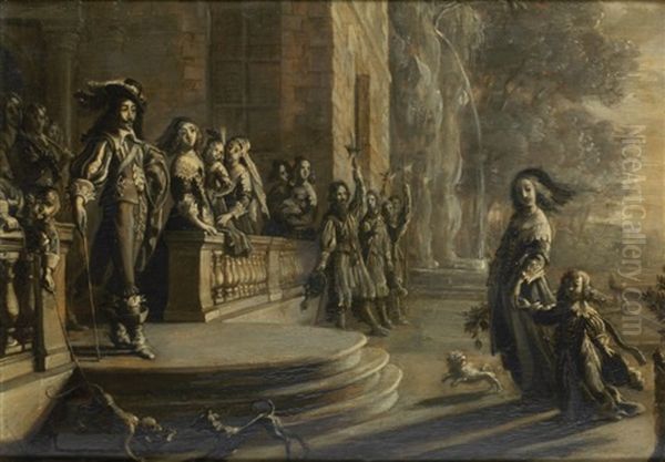 Louis Xiii Accueillant La Reine Anne D'autriche Et Le Dauphin De France Louis Dans Le Parc Oil Painting by Jean de Saint-Igny