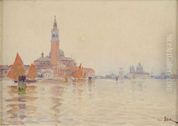 Venise, Campanile Aux Voiles Oranges Oil Painting by Henri Saintin